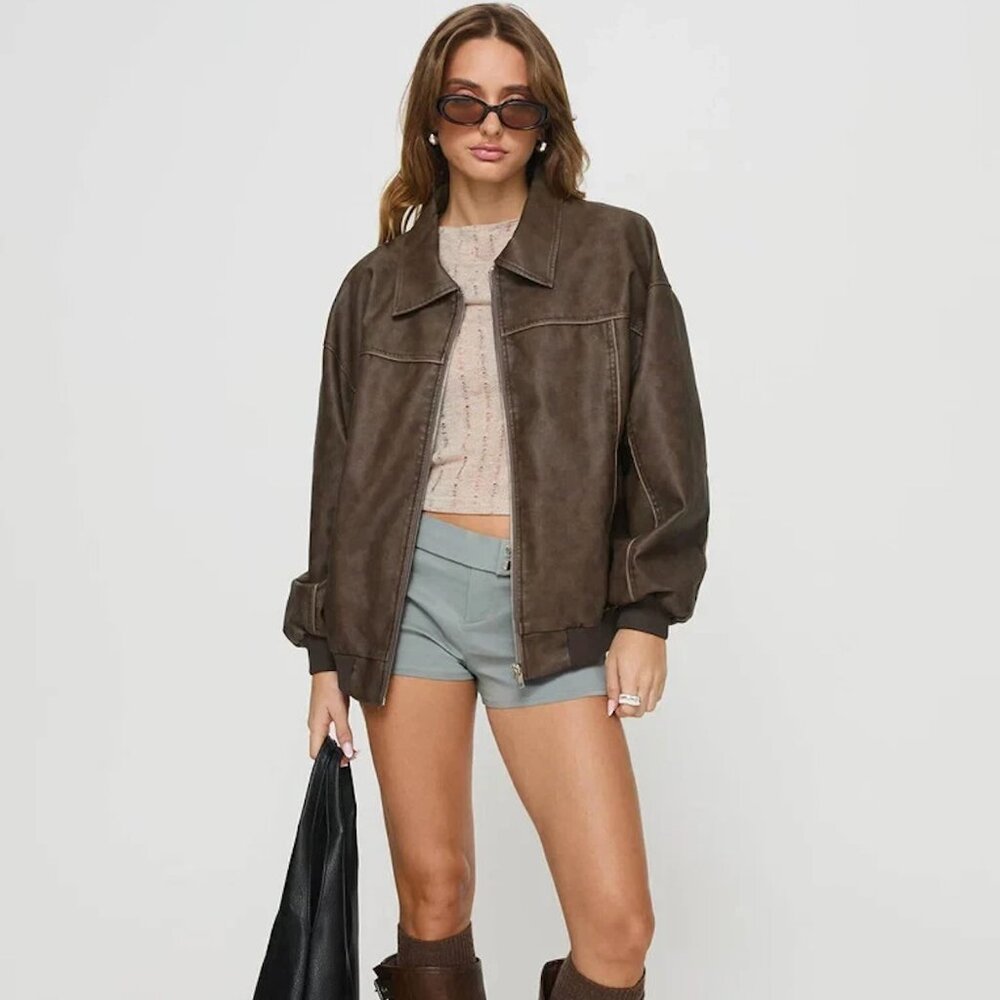 EUC Princess Polly Goldsmith Faux Leather Bomber Jacket - washed dark brown sz 4